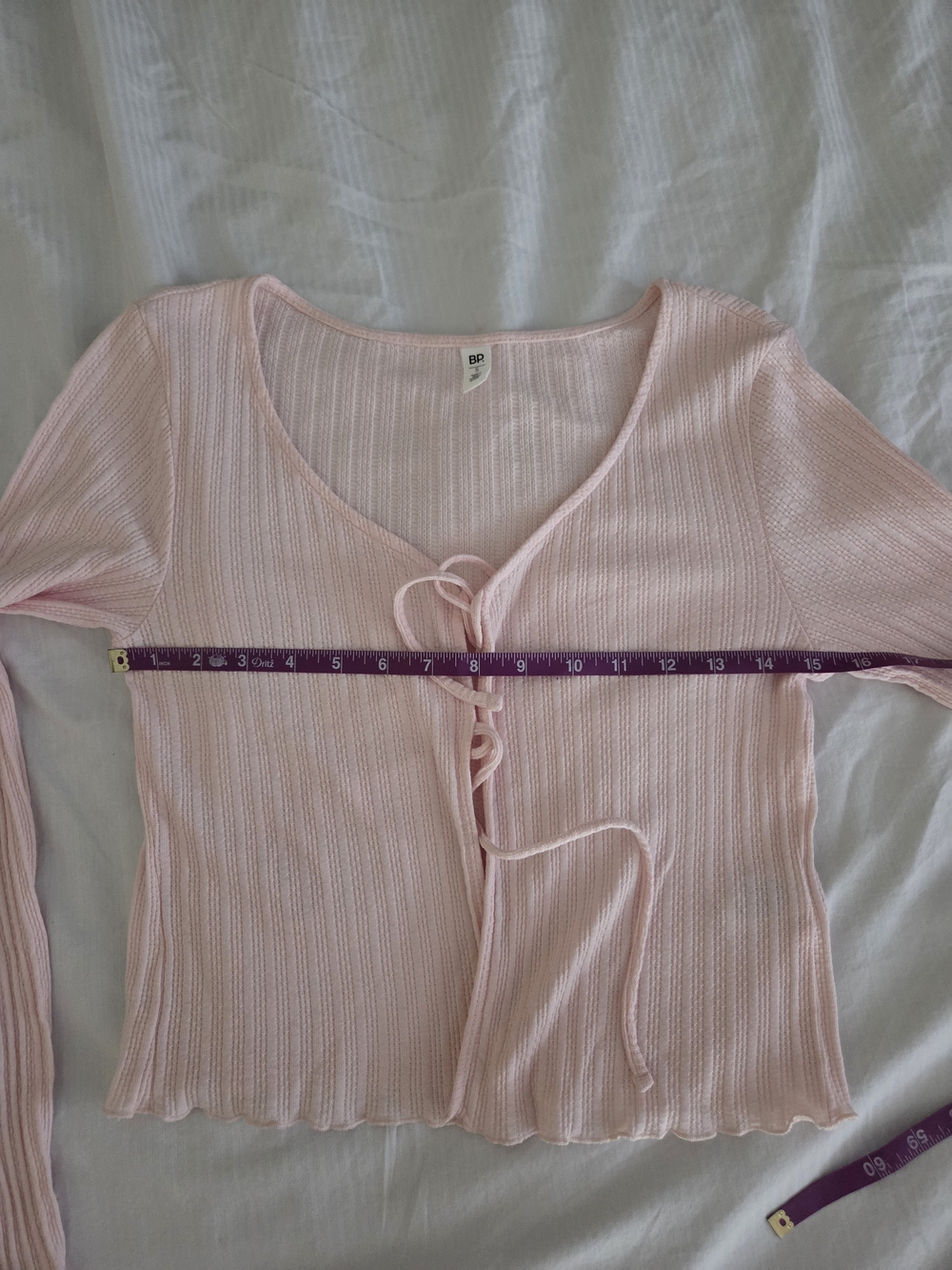 bp Pale Pink Ribbed Tie-Front Long Sleeve Top